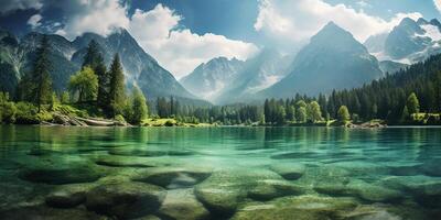 AI generated Crystal Mountain Lake - panoramic view of colorful crystal clear water in a rocky bay with towering mountain peaks on the horizon. photo