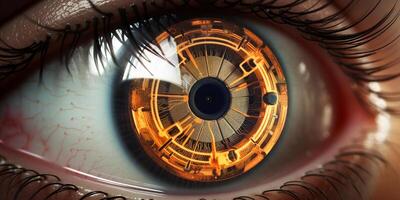 ai generado inteligente contacto lente con biométrico retina implantes el concepto de el nuevo tecnología es iris reconocimiento. foto