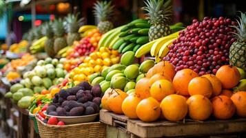 AI generated An exotic fruit market with a vibrant display of tropical fruits photo