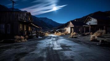 AI generated Abandoned ghost town with moonlight casting shadows photo