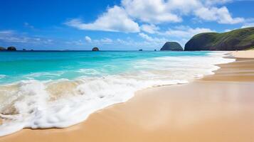 AI generated A tranquil beach scene with gentle waves lapping the shore photo