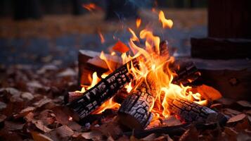 AI generated Fallen leaves around a cozy campfire photo