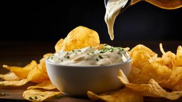 AI generated A crispy potato chip making a satisfying splash in dip photo