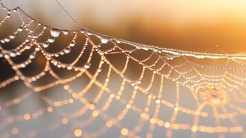 ai generado hiper enfocar de cerca de un rociado telaraña a amanecer foto