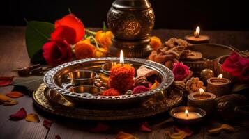 AI generated Diwali puja thali with sacred items photo