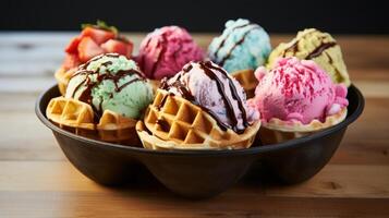 AI generated A waffle bowl filled with scoops of different ice cream flavors photo