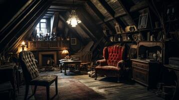 AI generated Haunted attic with antique furniture photo