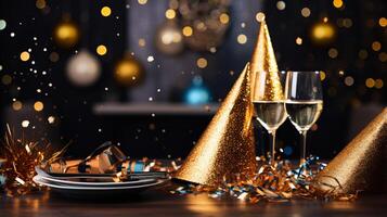 AI generated A new year's eve table with party hats and confetti photo