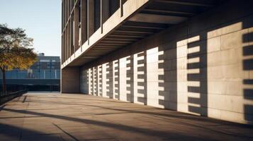 AI generated A brutalist building casting dramatic shadows in the afternoon sun photo