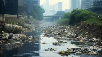 AI generated Polluted urban stream with visible pollution photo