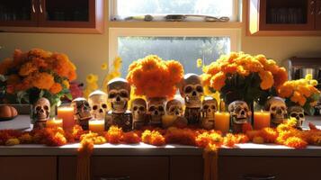 AI generated Day of the dead marigold garland enhancing the altar photo