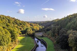 Scenic view of a lush valley with a winding river, surrounded by dense forests under a clear sky. photo