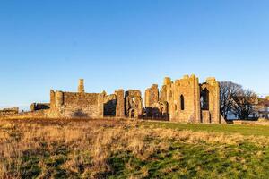 Sunny view of ancient ruins in a grassy field with clear blue sky photo