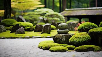 ai generado un zen jardín con cuidadosamente arreglado piedras y musgo foto