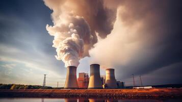 AI generated Smoke billows from the stacks of cooling towers photo