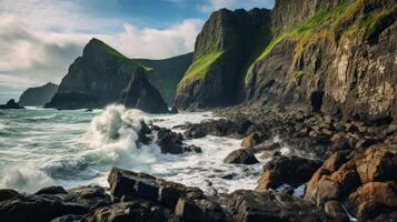 ai generado grande cuerpo de agua cerca un rocoso apuntalar foto