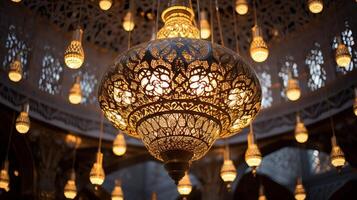 AI generated A mosque's chandelier with intricate arabic inscriptions photo