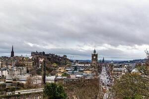 Panoramic view of Edinburgh with historic architecture under a cloudy sky. photo