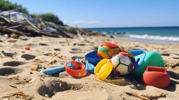 AI generated Littering in coastal village with discarded beach toys photo