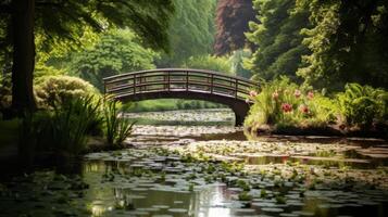 ai generado un jardín puente terminado un tranquilo estanque foto