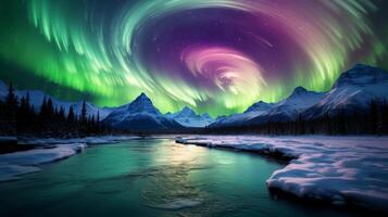 AI generated A mesmerizing swirl of green and purple aurora photo