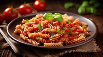 AI generated A plate of wholegrain pasta with tomato sauce and vegetables photo