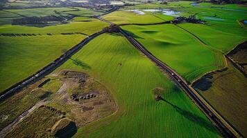 Aerial view of a train passing through vibrant green fields with a clear blue sky overhead. photo