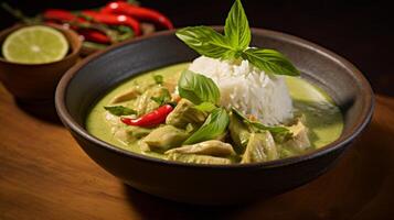 AI generated A bowl of aromatic and flavorful thai green curry with jasmine rice photo