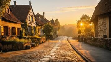 AI generated A road through a charming village at sunrise photo