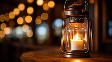 AI generated A closeup of a flickering candle in a lantern photo