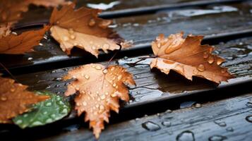 ai generado hojas en un de madera porche en el lluvia foto