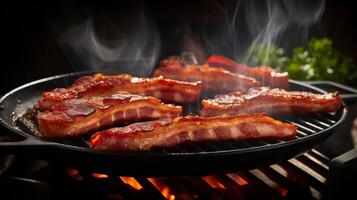 AI generated Sizzling bacon slices taking flight from the pan photo