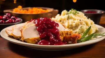 AI generated A plate filled with traditional thanksgiving dishes and cranberry sauce photo