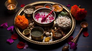 AI generated Diwali puja thali with sacred offerings and incense photo