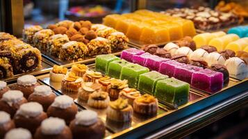 AI generated A colorful assortment of middle eastern sweets displayed in a dessert shop photo