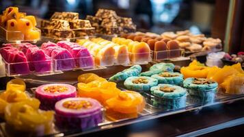 AI generated A colorful assortment of indian sweets on display at a dessert shop photo