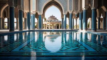 AI generated A mosque's serene reflection pool with ornate tiles photo