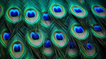 AI generated A border of vibrant peacock feathers photo