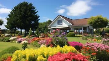 AI generated Countryside pension surrounded by vibrant flower gardens and colorful blooms photo