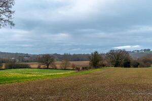 Serene rural landscape with plowed fields and green meadows under a cloudy sky. photo