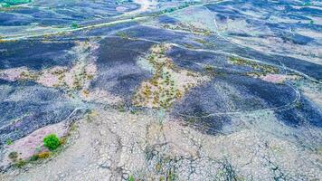 Aerial view of a dry, cracked landscape with sparse greenery, depicting drought conditions. photo