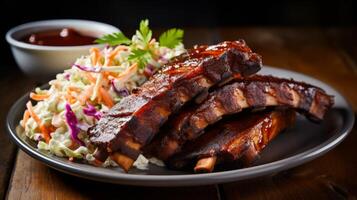 ai generado un plato de delicioso y suculento barbacoa costillas con Ensalada de col foto