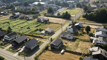 AI generated Aerial view of a neighborhood with lots of houses photo