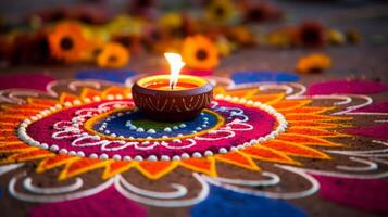 ai generado diwali decoraciones presentando vibrante y artístico rangoli diseños foto