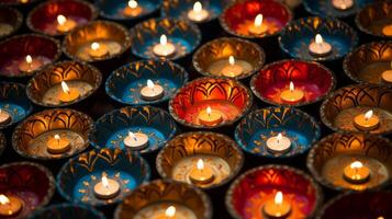 AI generated Diwali lamps arranged in a decorative pattern photo