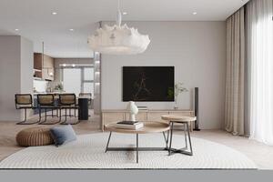 sample of clutter-free living room, with sleek furniture and minimal decor photo