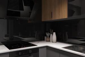 de-cluttered kitchen with sleek black appliances, white countertops photo