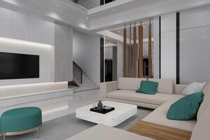 The modern living room exudes sleek sophistication with clean lines, minimalist furniture photo