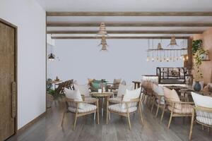 Scandinavian-style coffee house interior with white wall photo