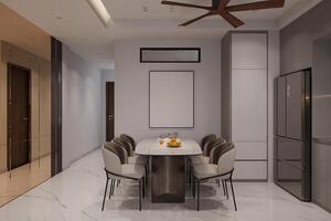 3D rendering, spacious dining room design next to the modern kitchen photo